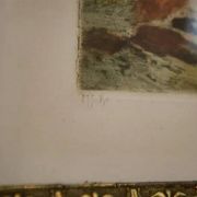 Lithograph of a woodland path, gilt frame, with embossed foliage decoration, 1950s