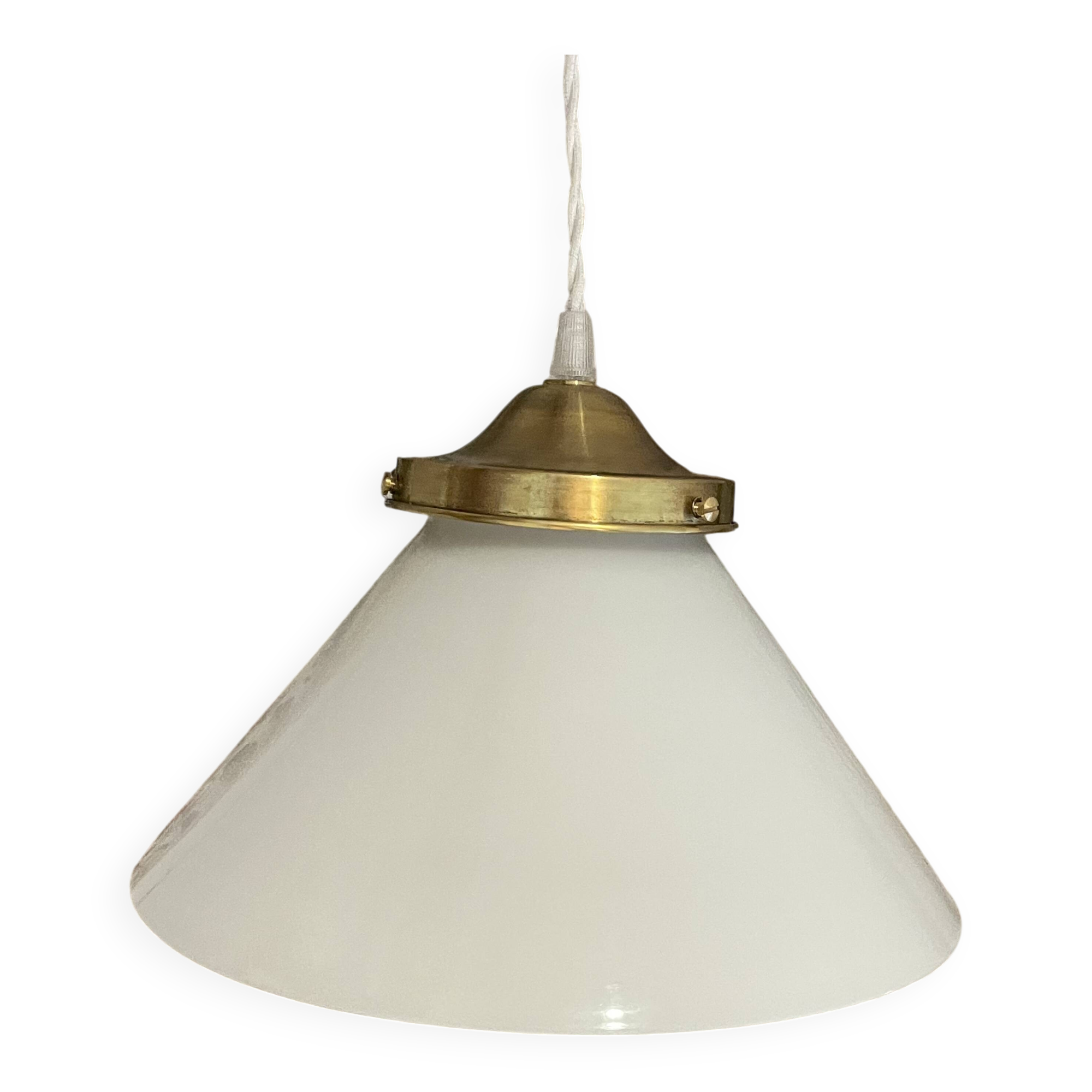 Vintage globe pendant light in smooth white opaline and gold metal