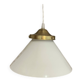 Vintage globe pendant light in smooth white opaline and gold metal