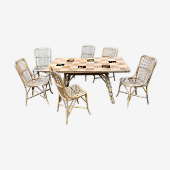 Lot tables 6 chaises en bambou et céramique