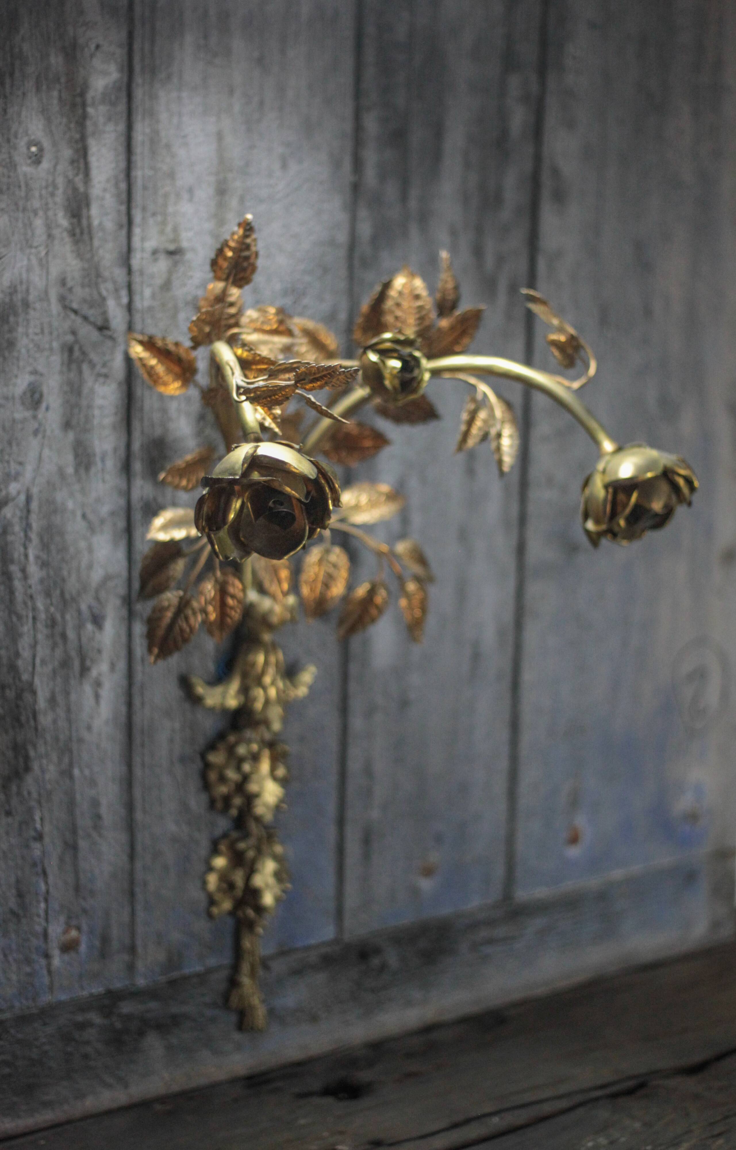 Pair of bronze and gold metal floral wall sconces, flower wall lamp.