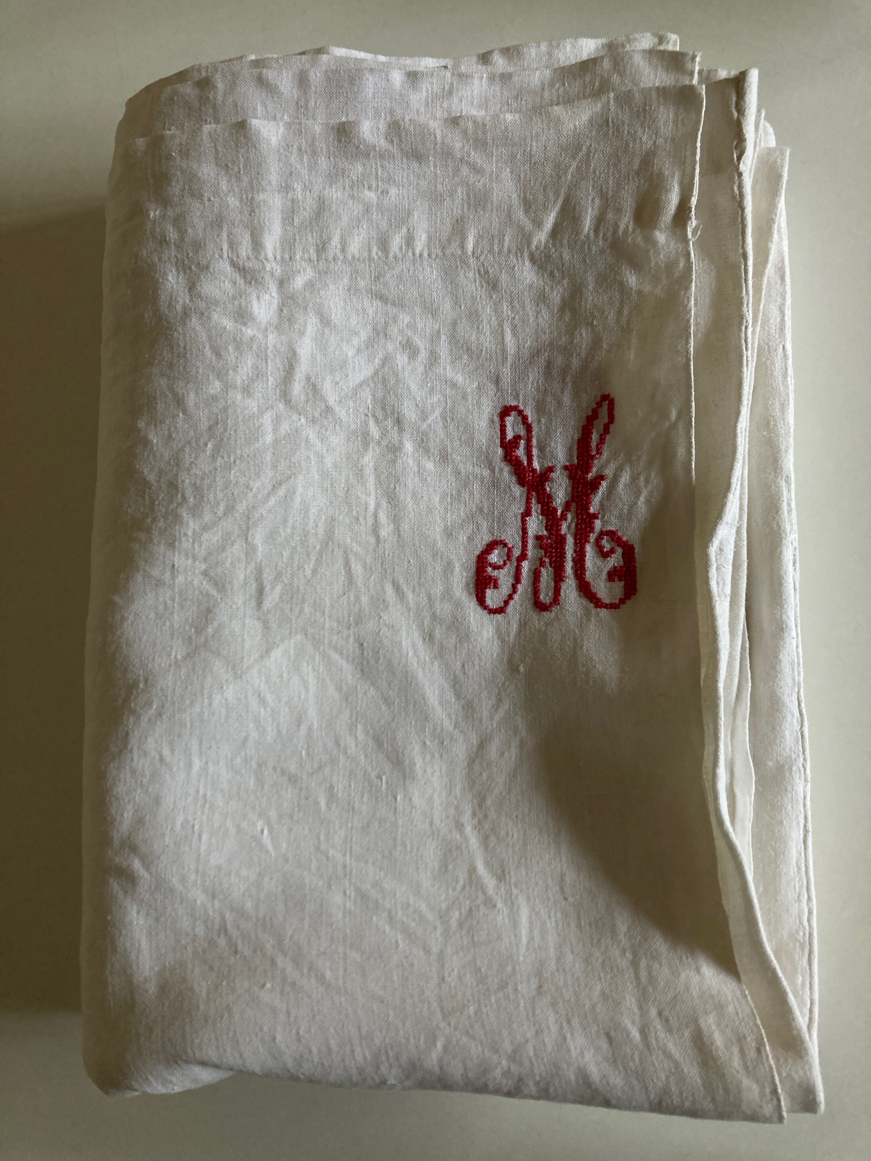 19th century embroidered linen thread tablecloth embroidered red