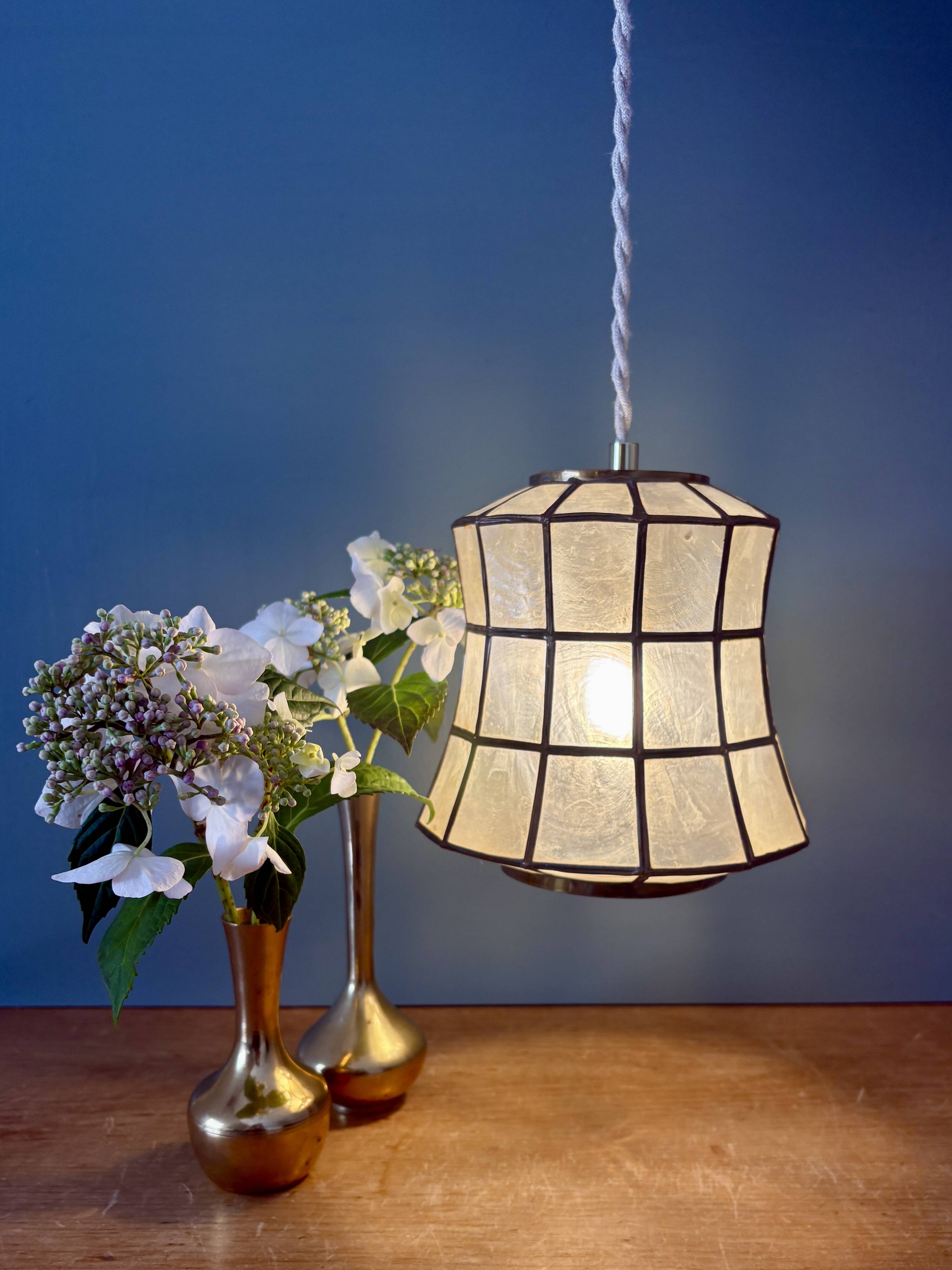 Vintage mother-of-pearl and brass lampshade pendant light