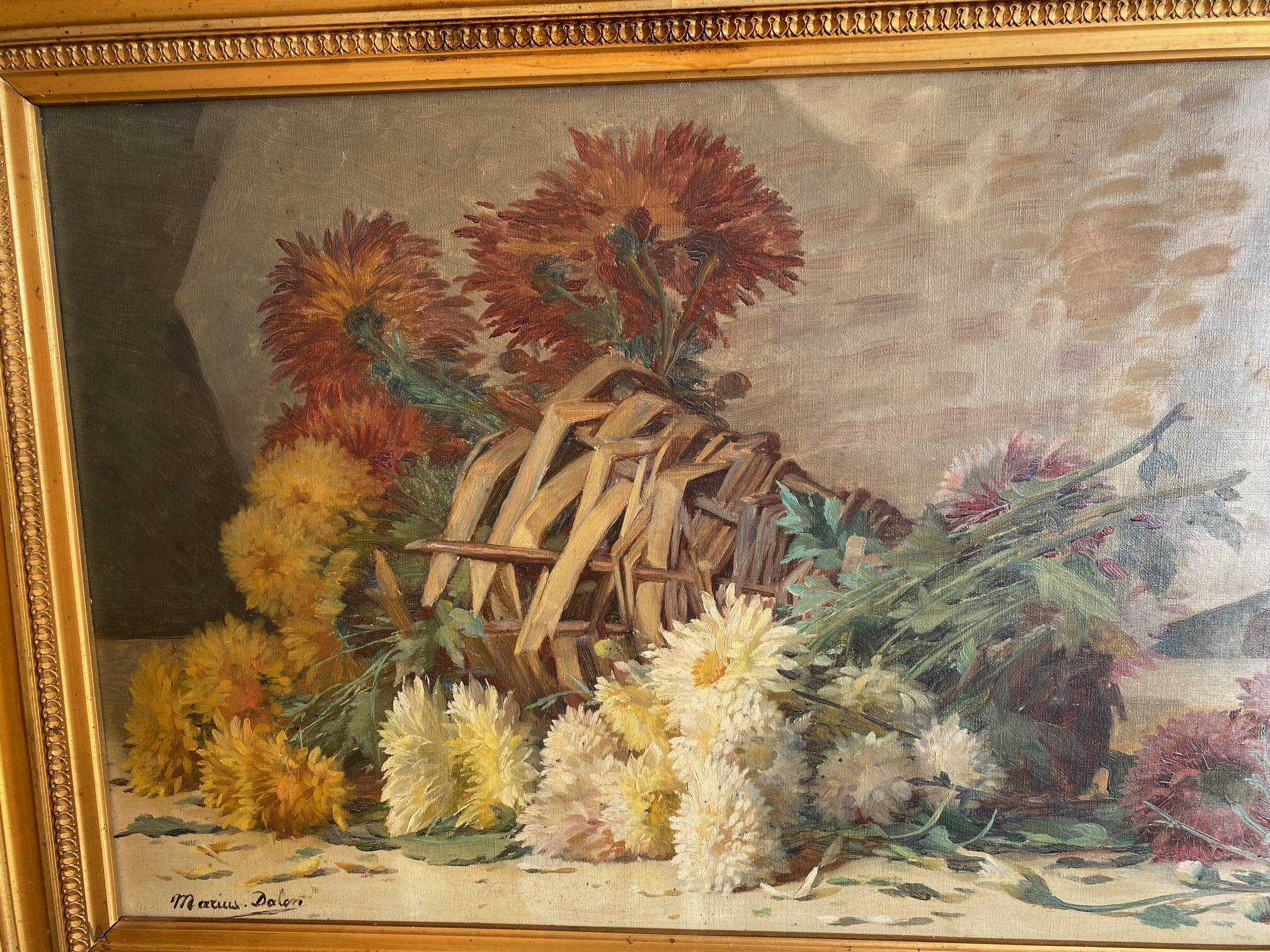 STILL LIFE BOUQUET OF DAHLIAS OIL PAINTING SIGNED MARIUS DALON EARLY 20TH CENTURY