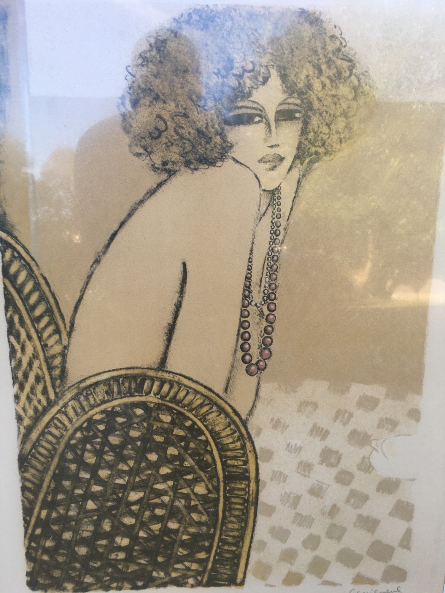 Lithographie originale signée, jeune femme au collier, Jean-Pierre Cassigneul