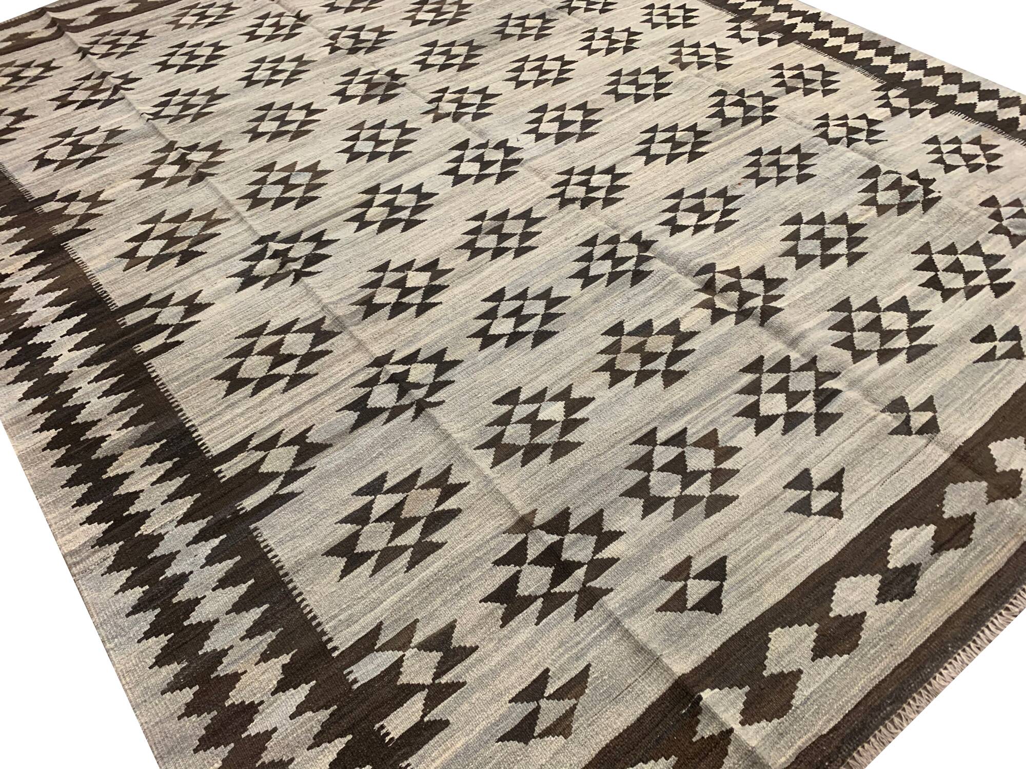 Large Neutral Wool Kilim Rug, Handmade Geometric Tribal Flatweave 294x259c