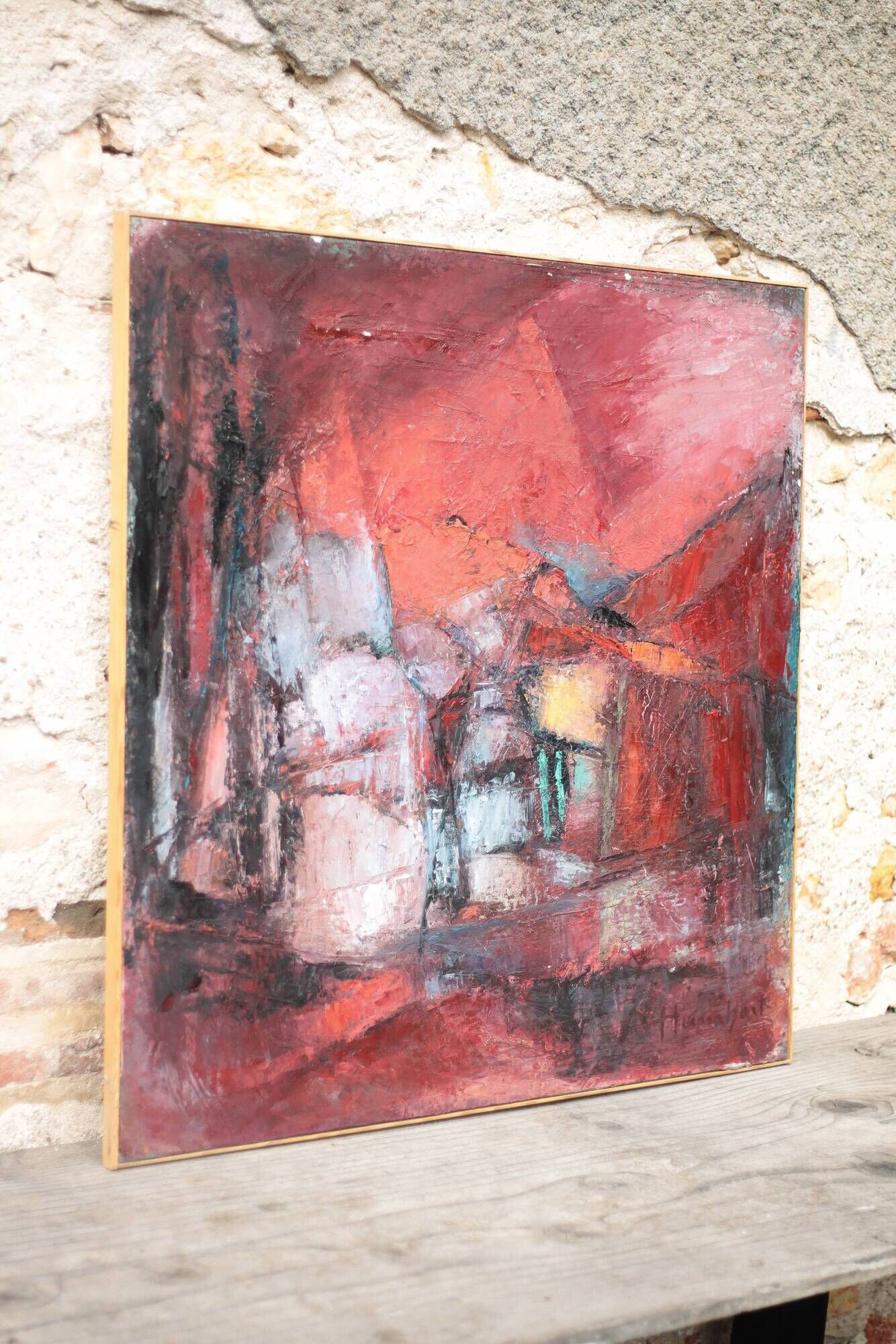 Oil on canvas signed Monique Humbert, abstract composition, wall painting, interior decoration.