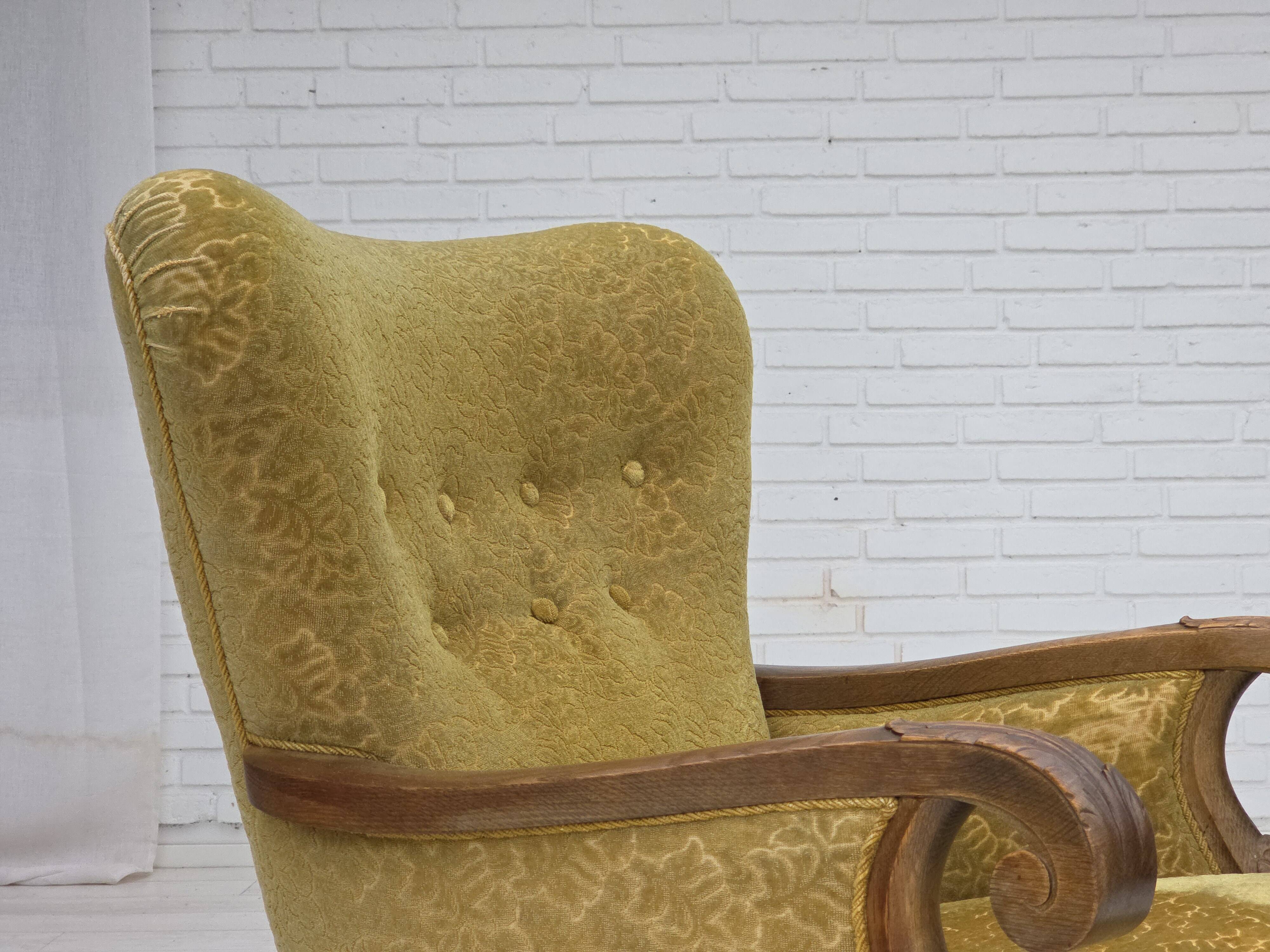 1960s, Danish armchair, furniture cotton/wool fabric, solid oak wood.