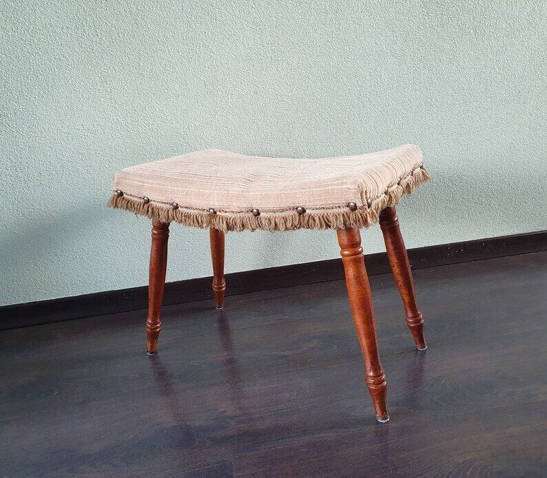 Wooden footrest with fringed fabric upholstery, 1970