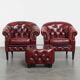 Set of 2 Red Leather Chesterfield Club Chairs with a Side Table