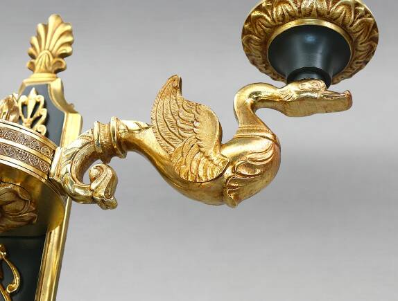 Pair of gold bronze wall lights in Empire style with three lights "Lucien Gau"