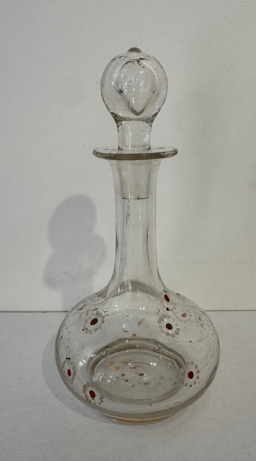 Antique blown glass carafe, enamelled with floral decoration, in the style of Legras.
