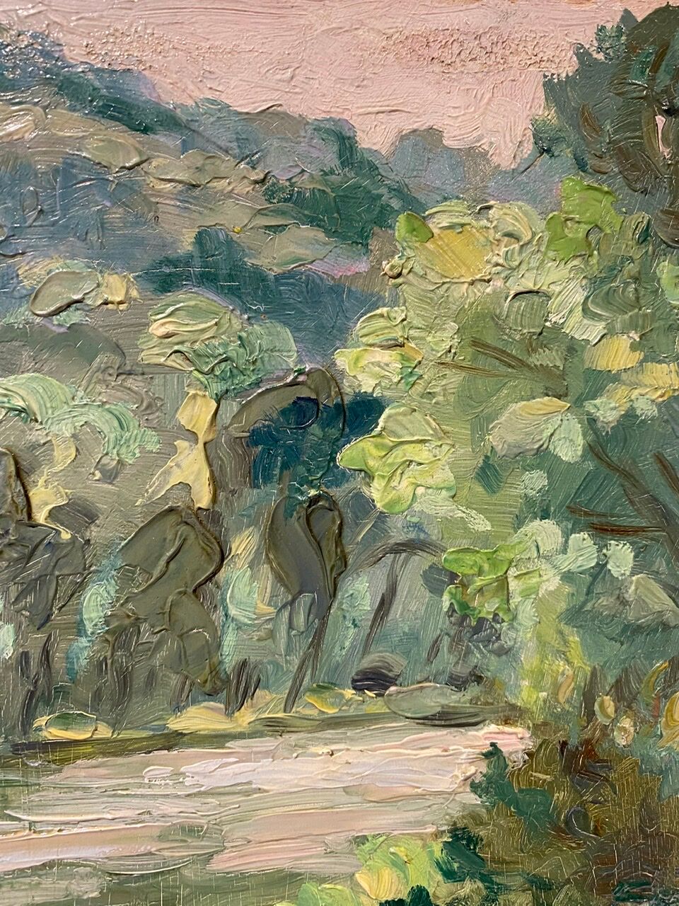 Tableau ancien, paysage, bord de rivière, années 50/60