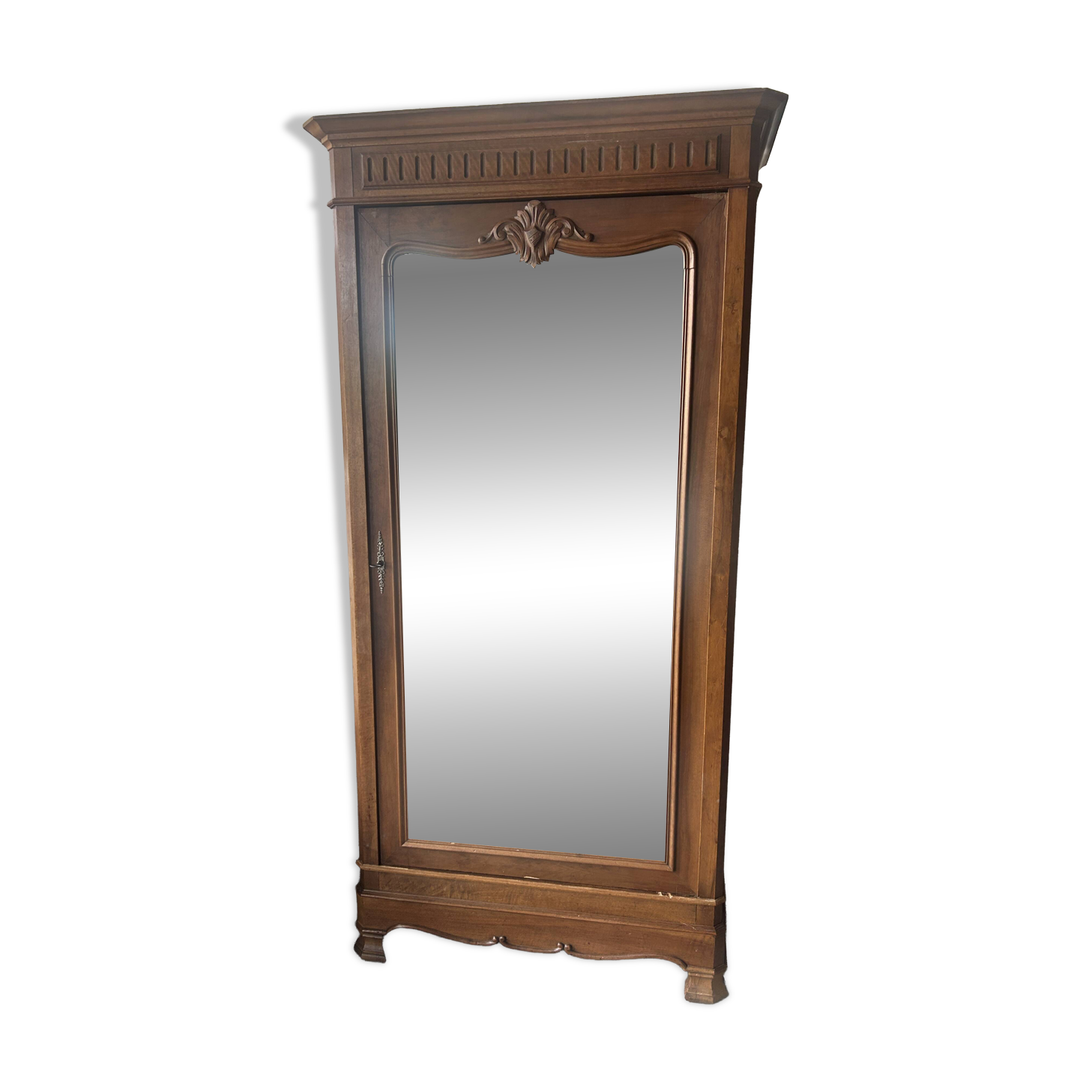 Antique Louis-Philippe walnut veneered wardrobe with an antique mirror.