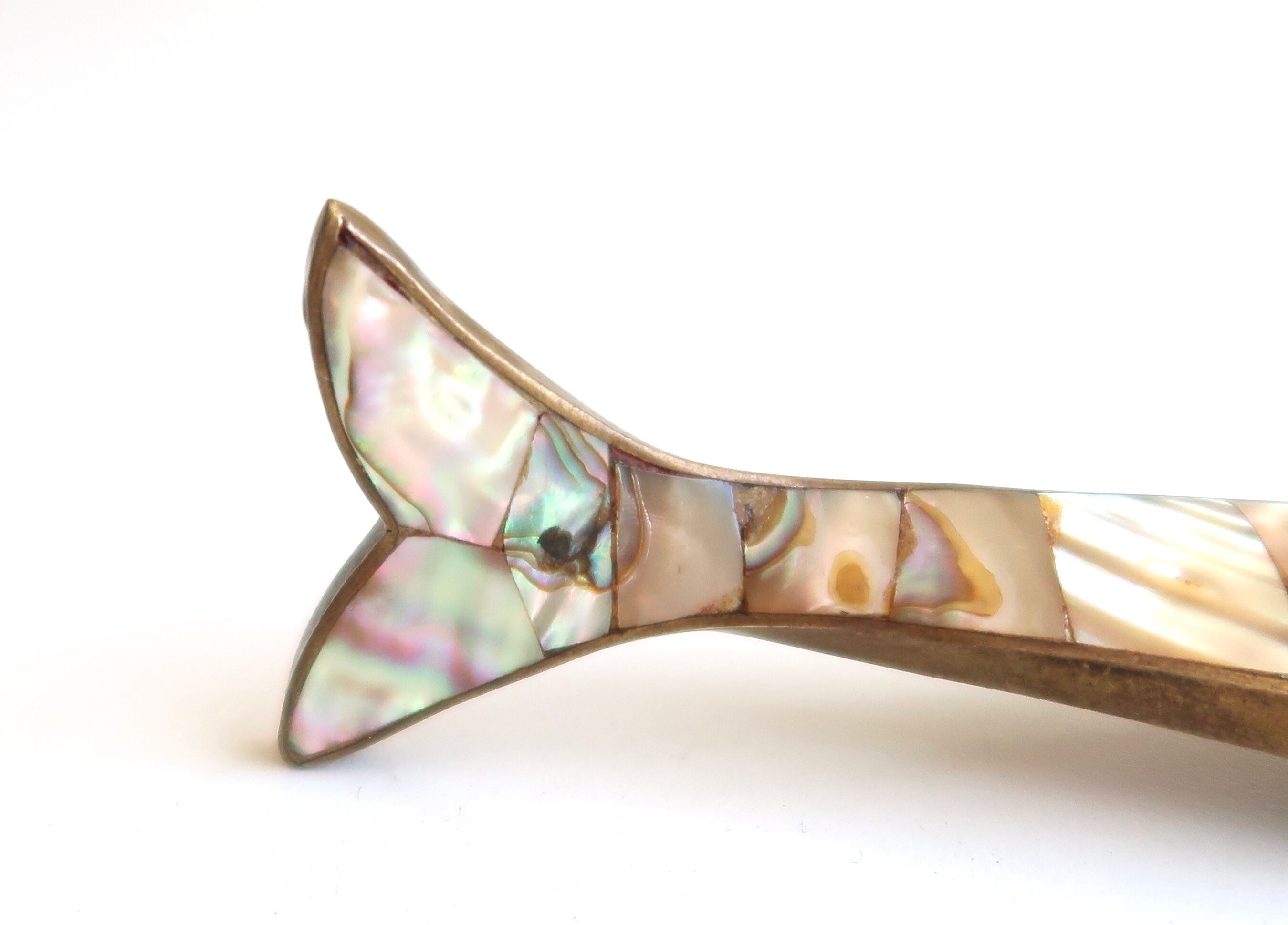 Mexican fish bottle opener in mother-of-pearl and brass, 50s