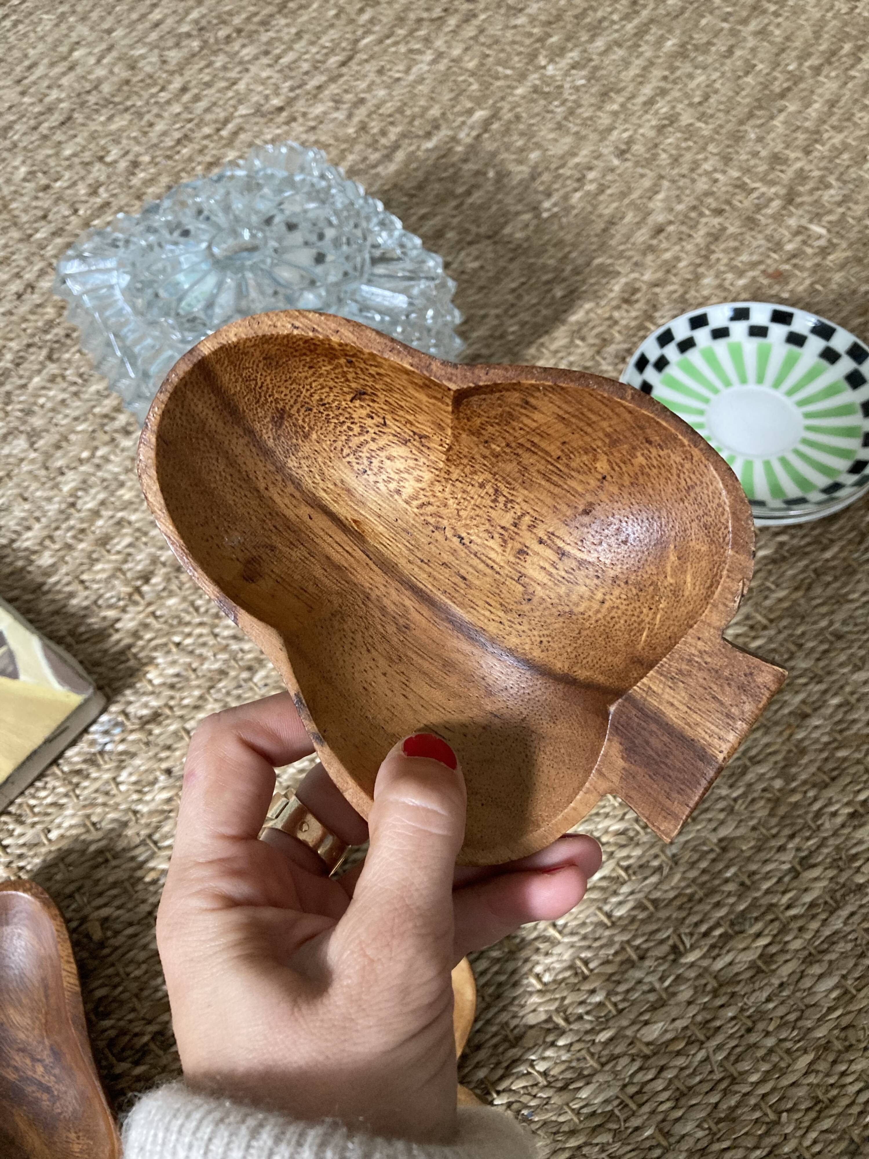 Trio of exotic wooden cups in the shape of beans and vintage clovers
