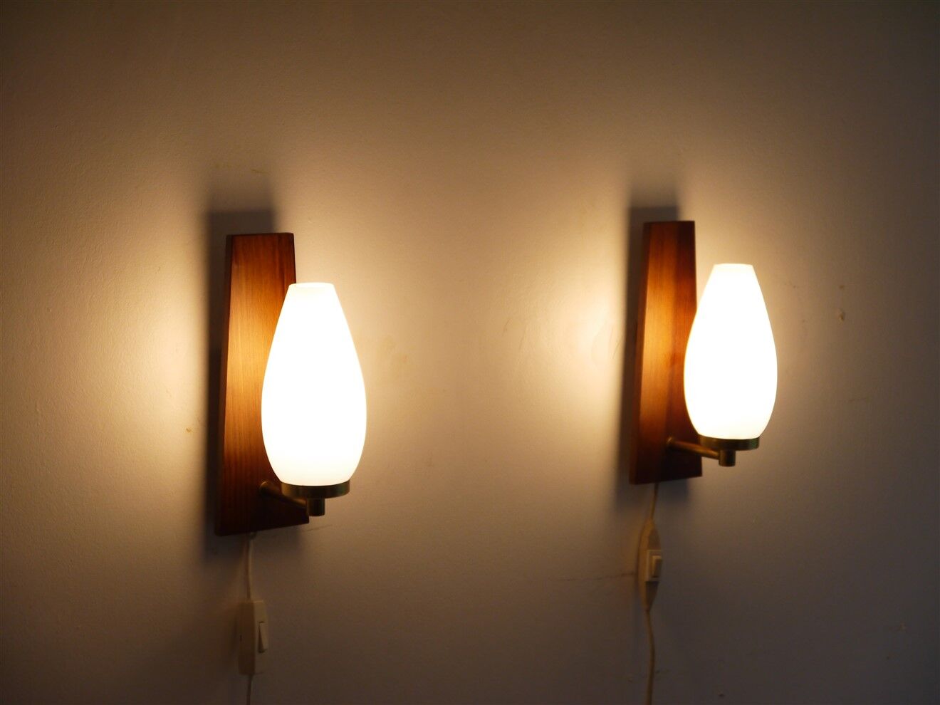 Pair of Scandinavian teak and opaline sconces 1960