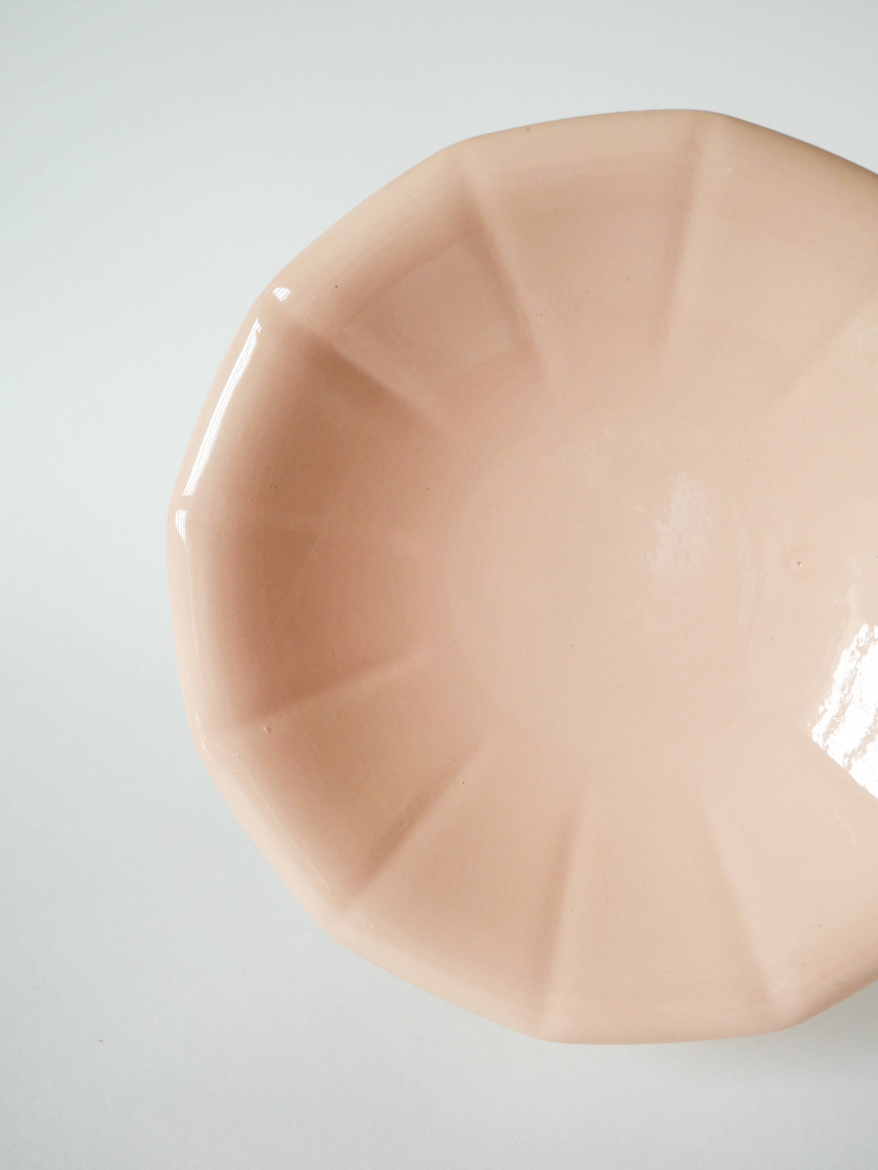 Digoin Sarreguemines pleated hollow dish, powder pink, 1960