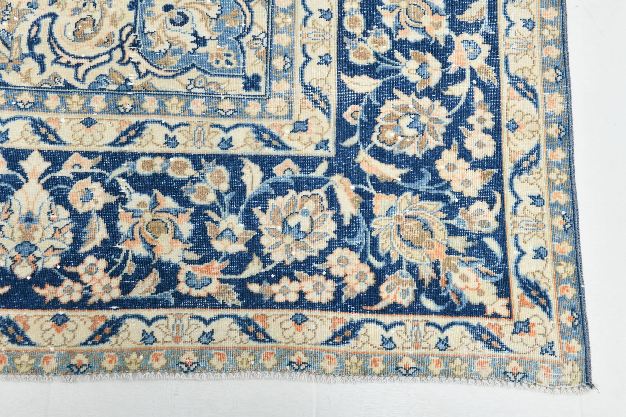 Tapis Persan Vintage Tissé Main, Motif Floral, Laine Beige & Bleu,301x414Cm