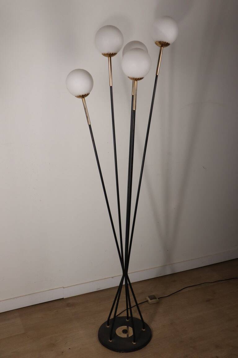 Vintage Arlus floor lamp in black lacquered metal and opaline globes, 1960