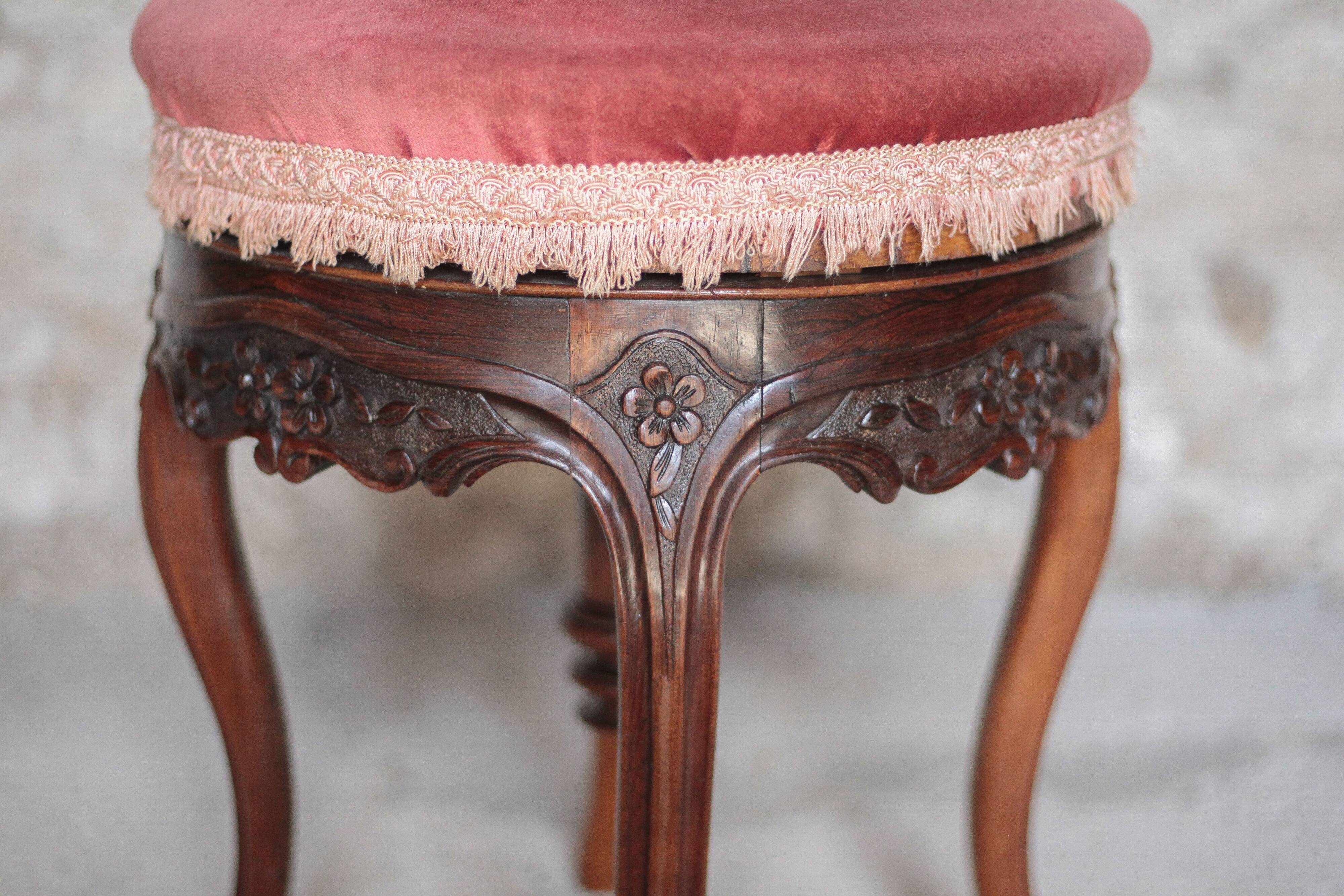 Victorian style stool, wooden and pink velvet stool, piano stool