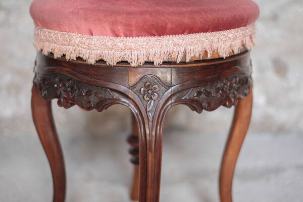 Tabouret victorien style, tabouret bois et velours rose, tabouret de piano