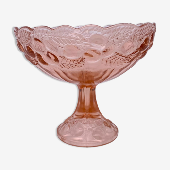 Coupe montée sur pied motifs fruits verre rose