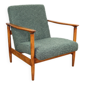 GFM-142 armchair, design by Edmund Homa from the 70s, olive green thick boucle - 2 pieces available