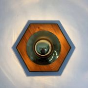 Vintage hexagonal wall lamp with pine wood and brass, 1970s