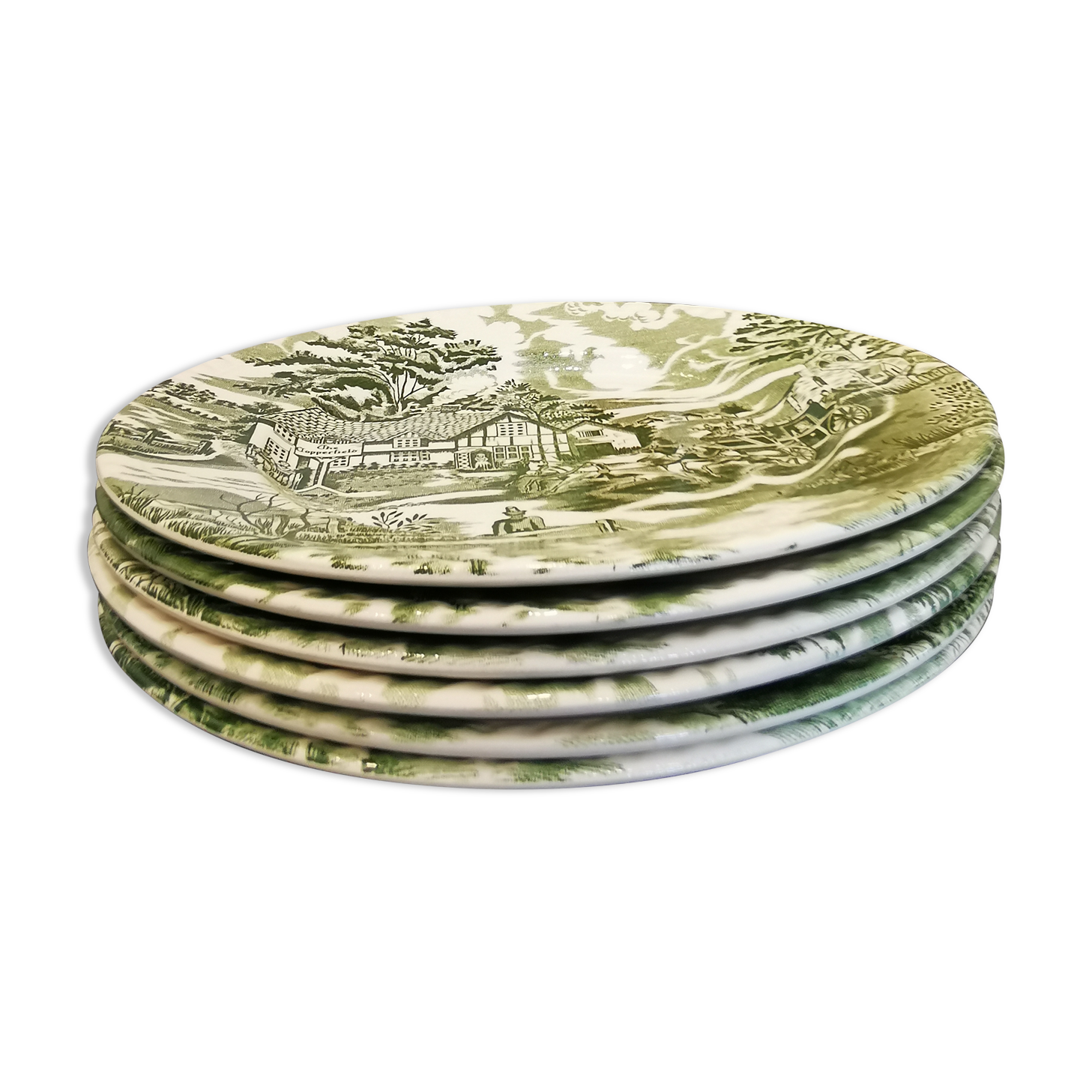 Set of 6 flat plates english style Lunéville verte