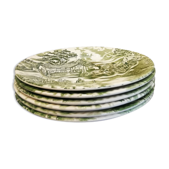 Set of 6 flat plates english style Lunéville verte