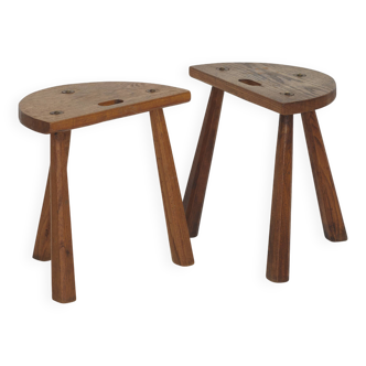 2 vintage solid wood half-moon tripod stools Circa 1950