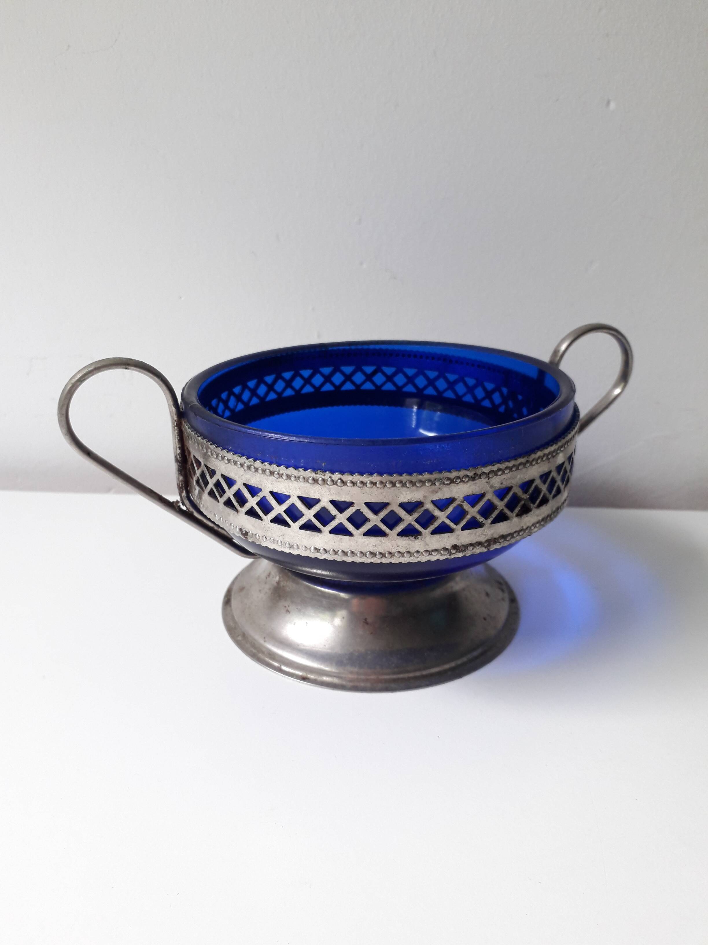 Navy blue bowl with pewter base (A1)