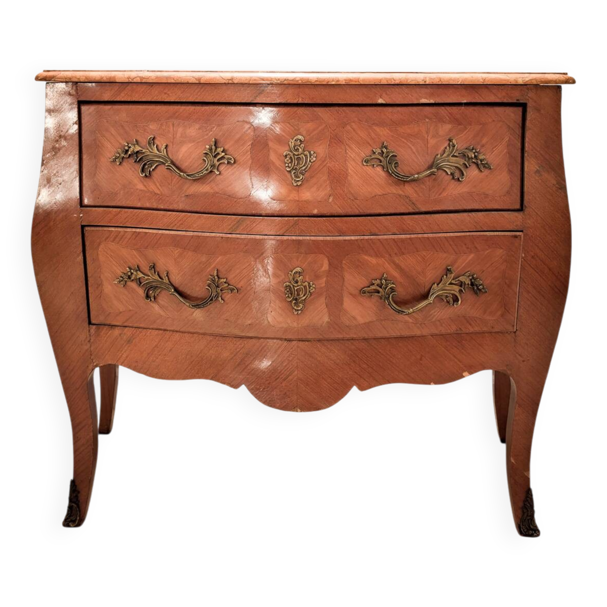 Commode style Louis XV à deux tiroirs avec tablier en marbre rose
