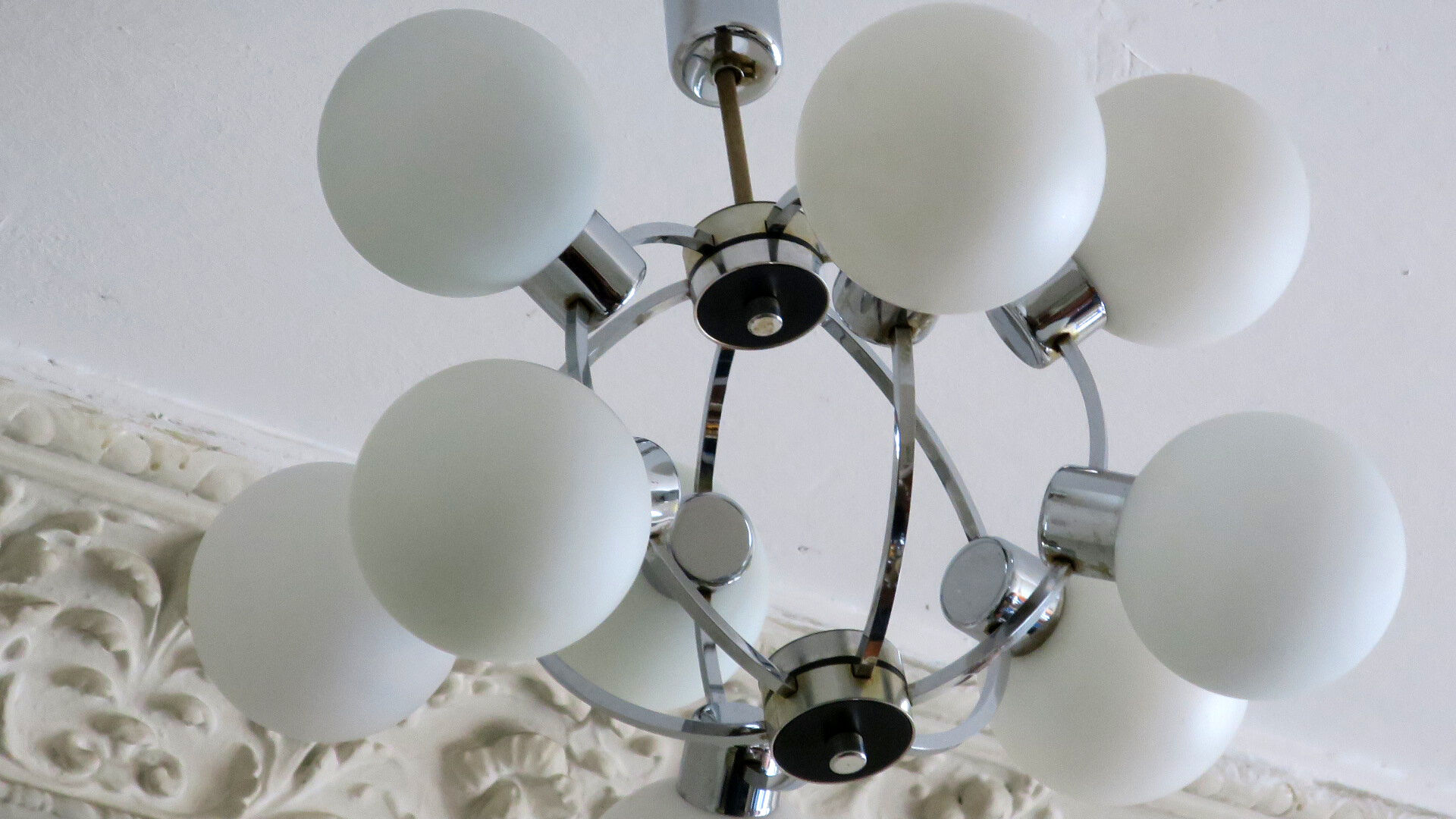 Mid century chandelier with 9 radiating milk glass globes 1970s