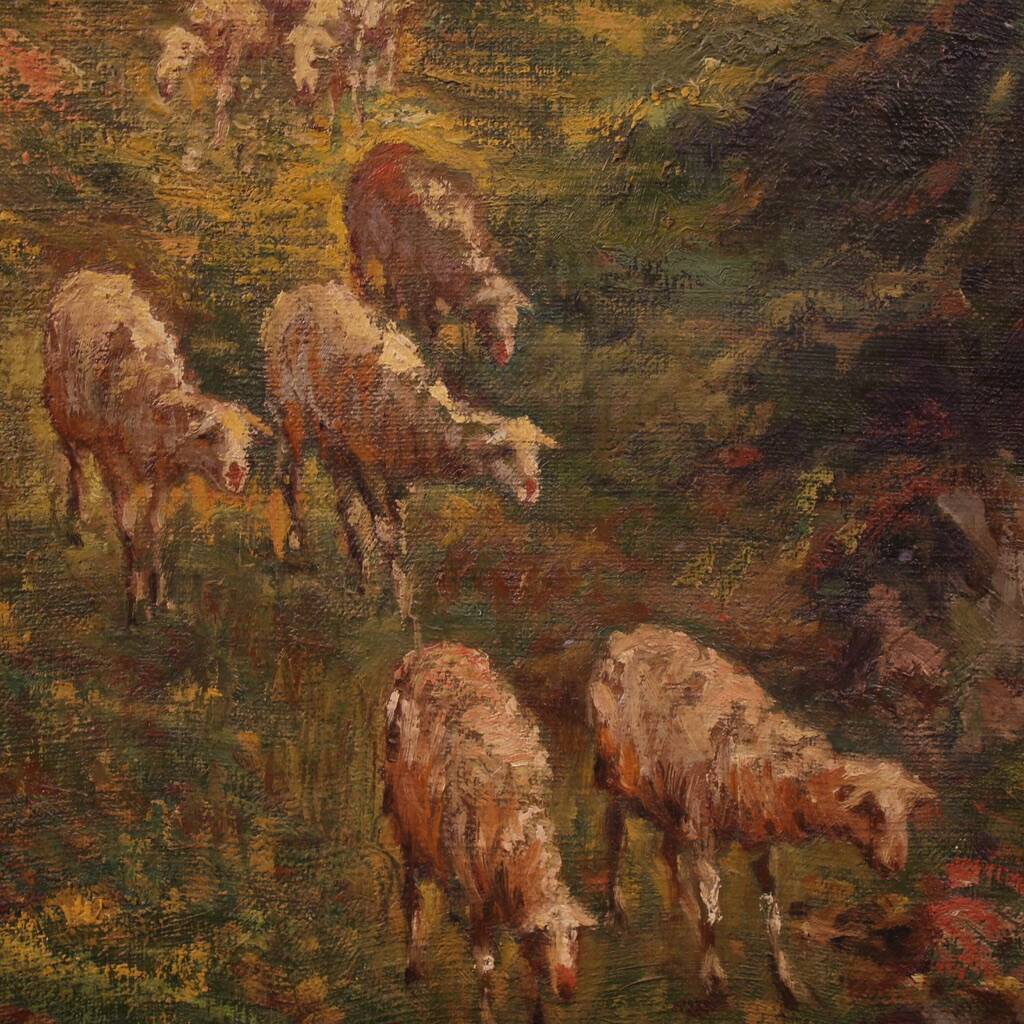 Italian landscape painting with sheep signed C. Bentivoglio