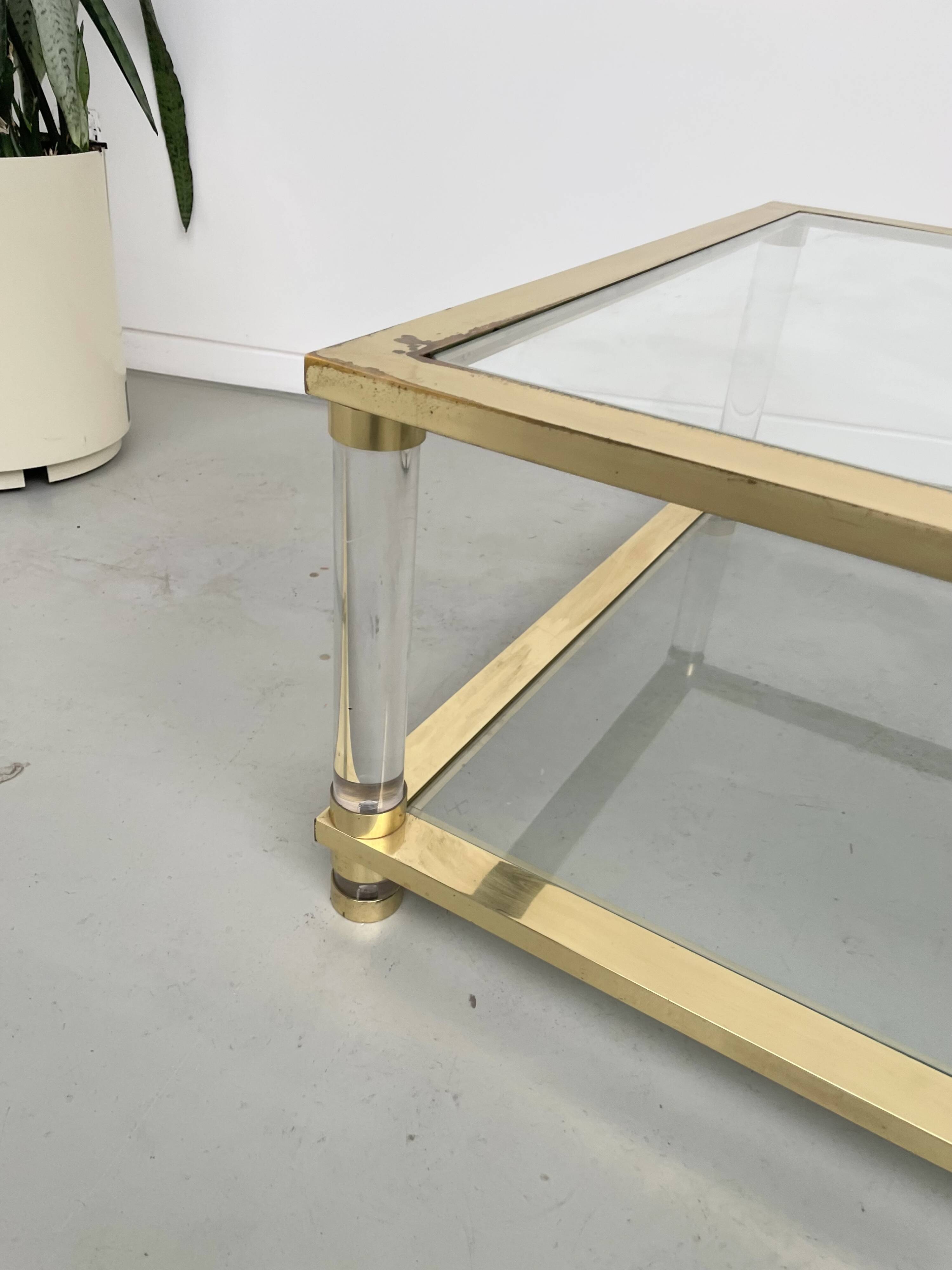 1970s lucite, brass and glass coffee table