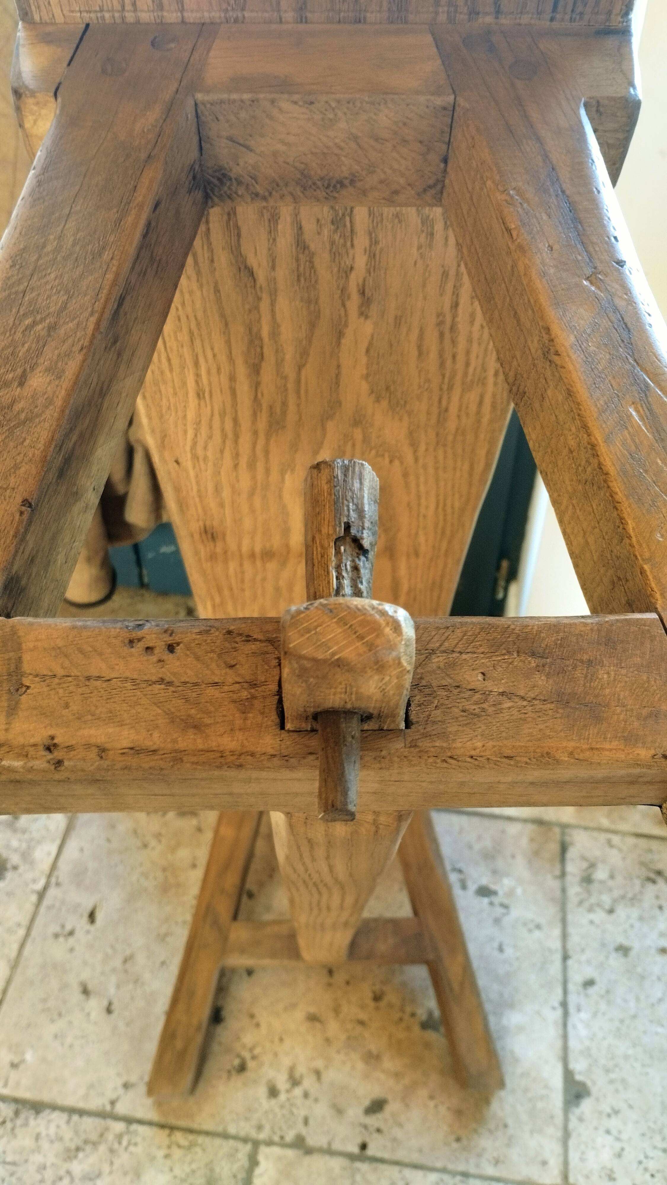 "A frame" bench in solid oak, patinated.