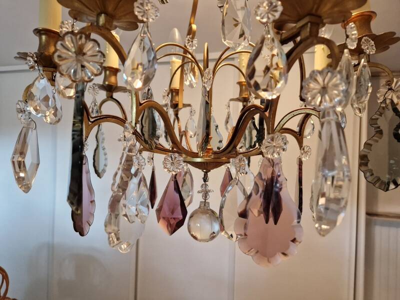 Brass cage chandelier and crystal pendants with 8 lights and 79 pendants