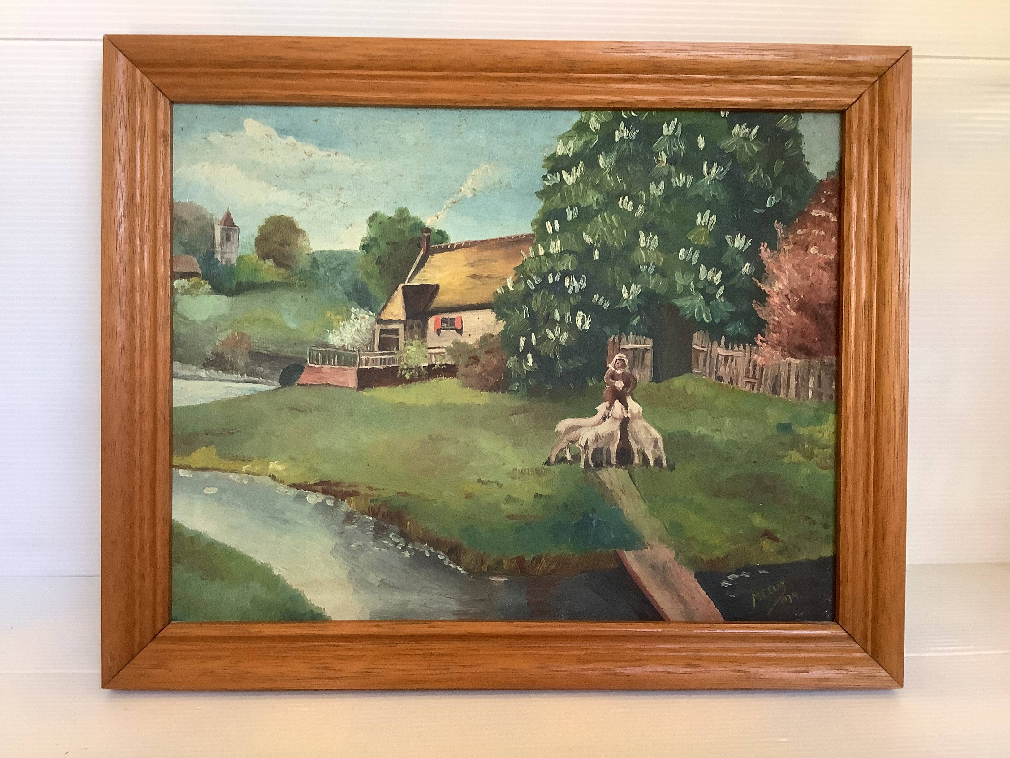 Shepherd's table and its sheep, oil on canvas signed.