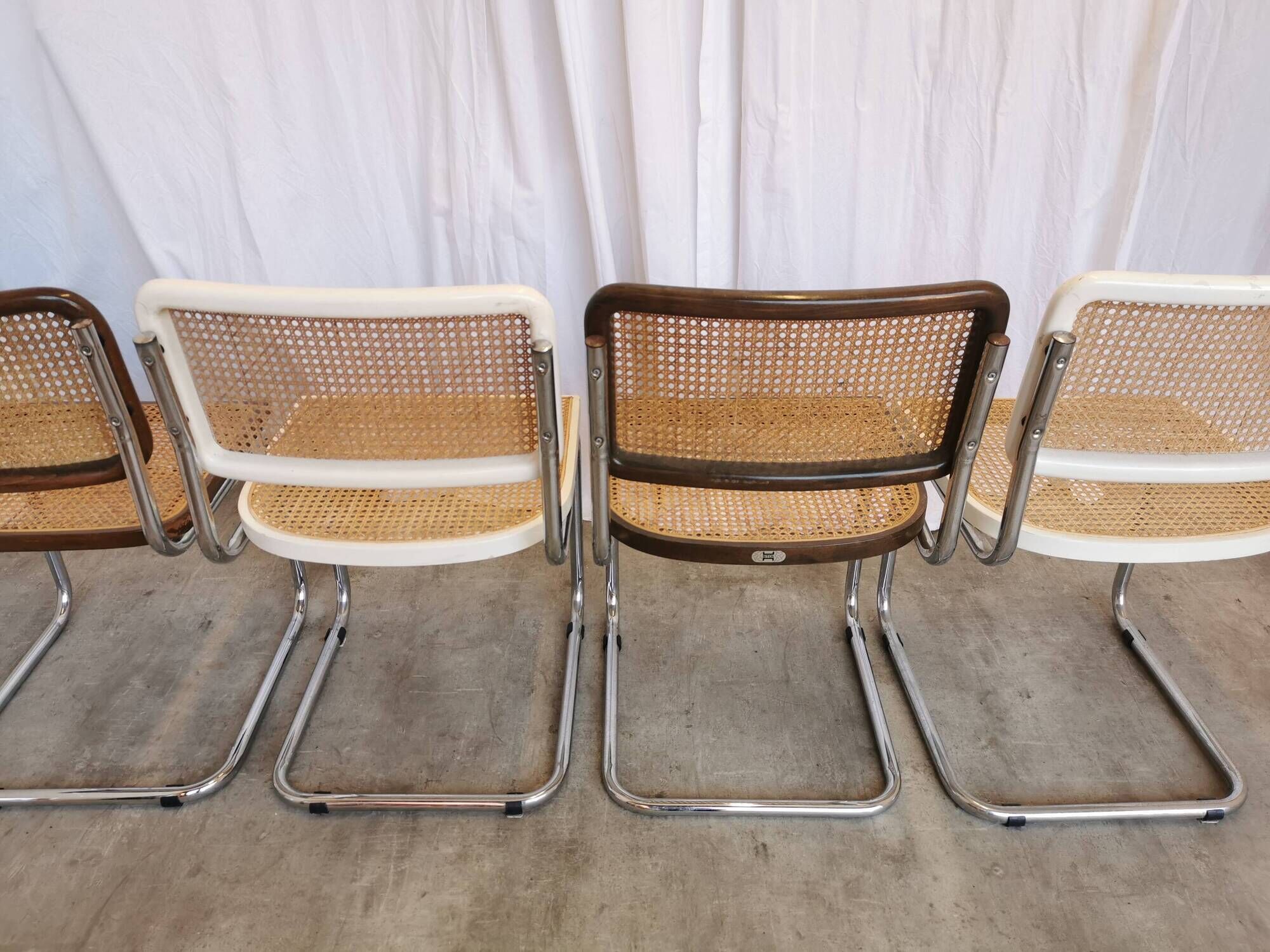 Set of 4 vintage cesca dining chairs / 2 brown 2 white / cane seat mid-century