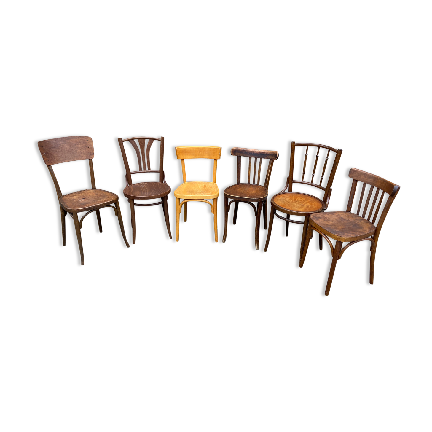 Lot 6 mismatched wooden bistro chairs
