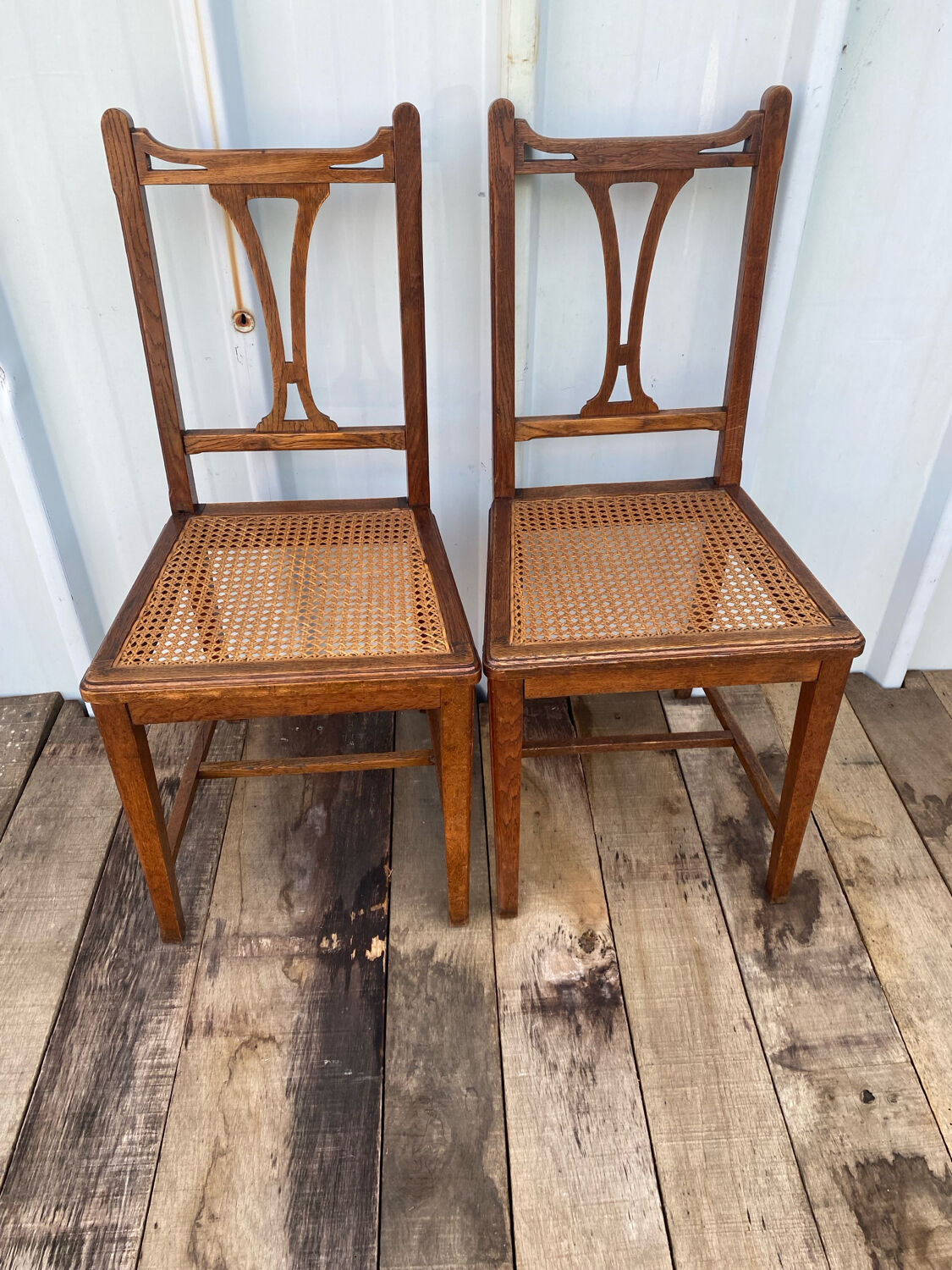 Paire de Chaise Ancienne Art Nouveau Bois Noyer + Assise Cannée Vintag