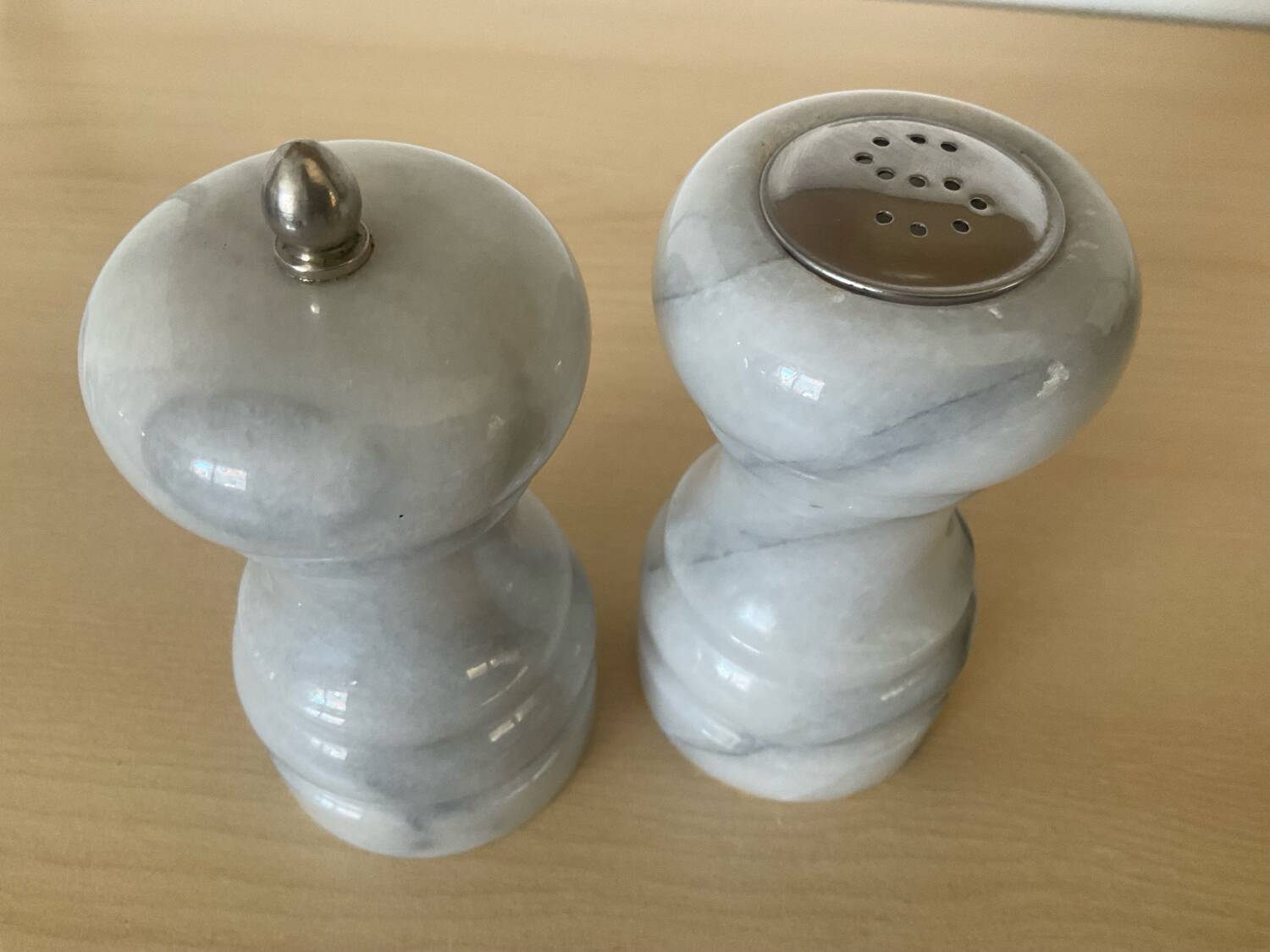 Vintage Carrara marble pepper mill and salt shaker set