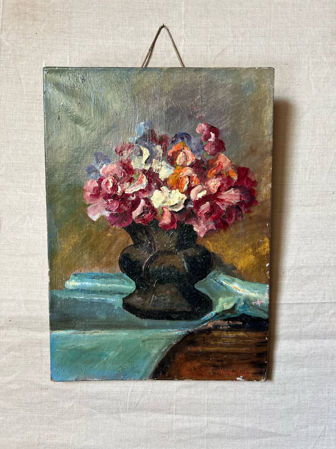 Old table still life with flowers oil painting