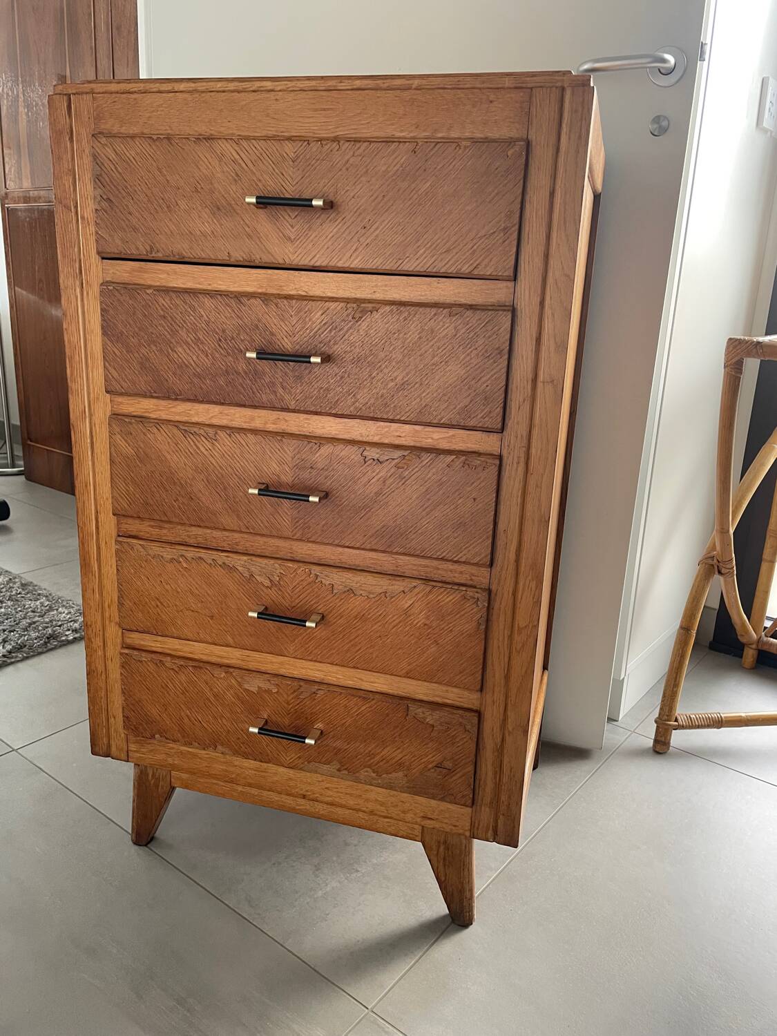 High chest of drawers with 5 drawers, vintage oak, 1950s