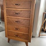 High chest of drawers with 5 drawers, vintage oak, 1950s