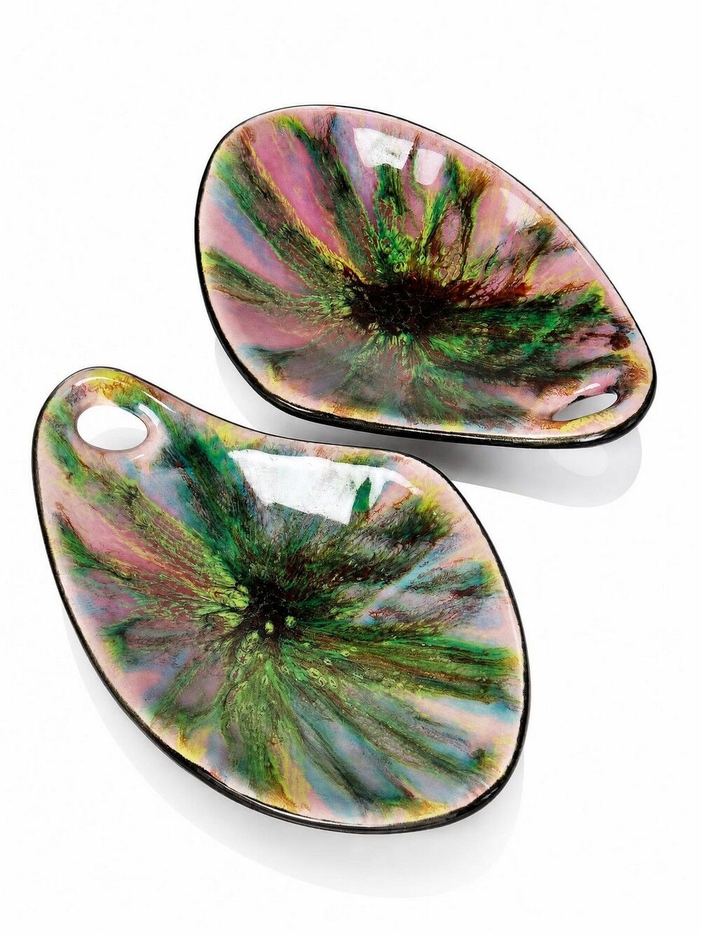 Pair of multicoloured glazed ceramic studio dishes, vintage 1960s.