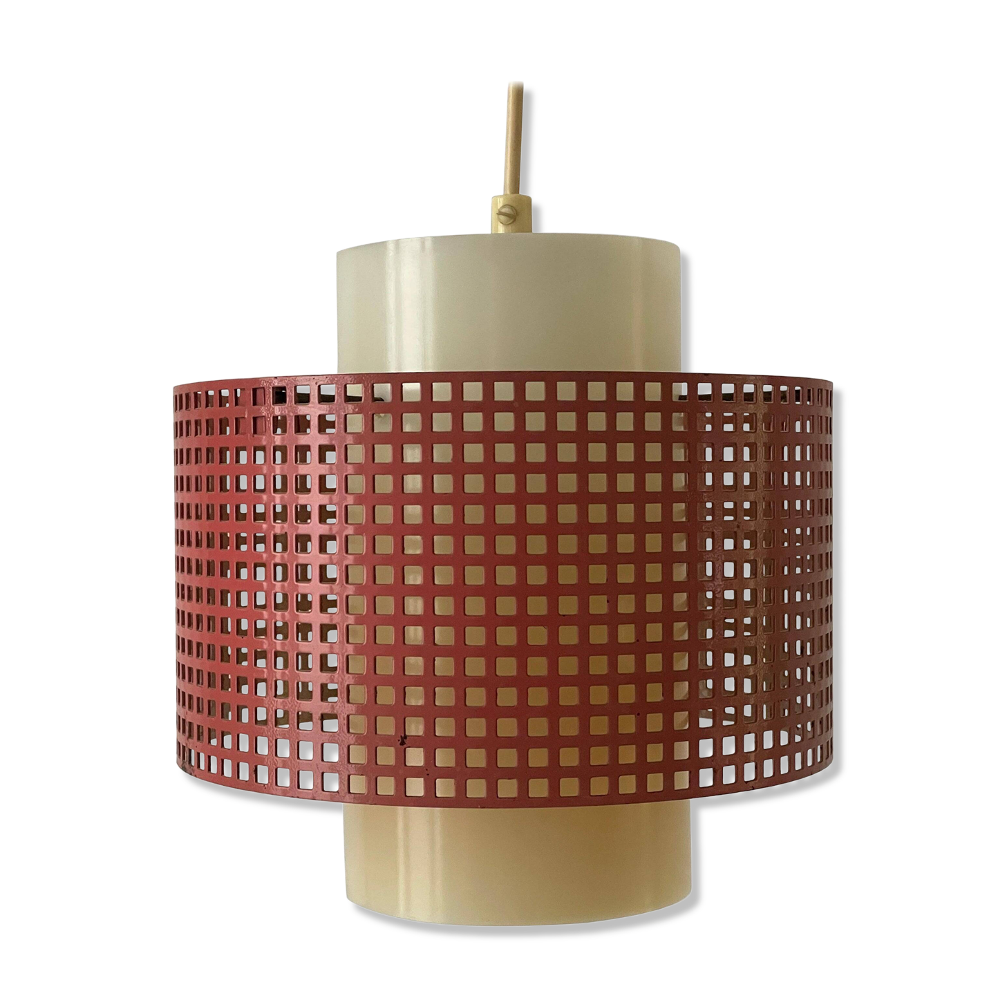 Suspended lamp in pink metal and plexiglass, Danish design, 1960s, Denmark.