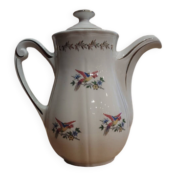 Grande cafetière vintage en faïence Saint-Amand – Décor Oiseaux et Or